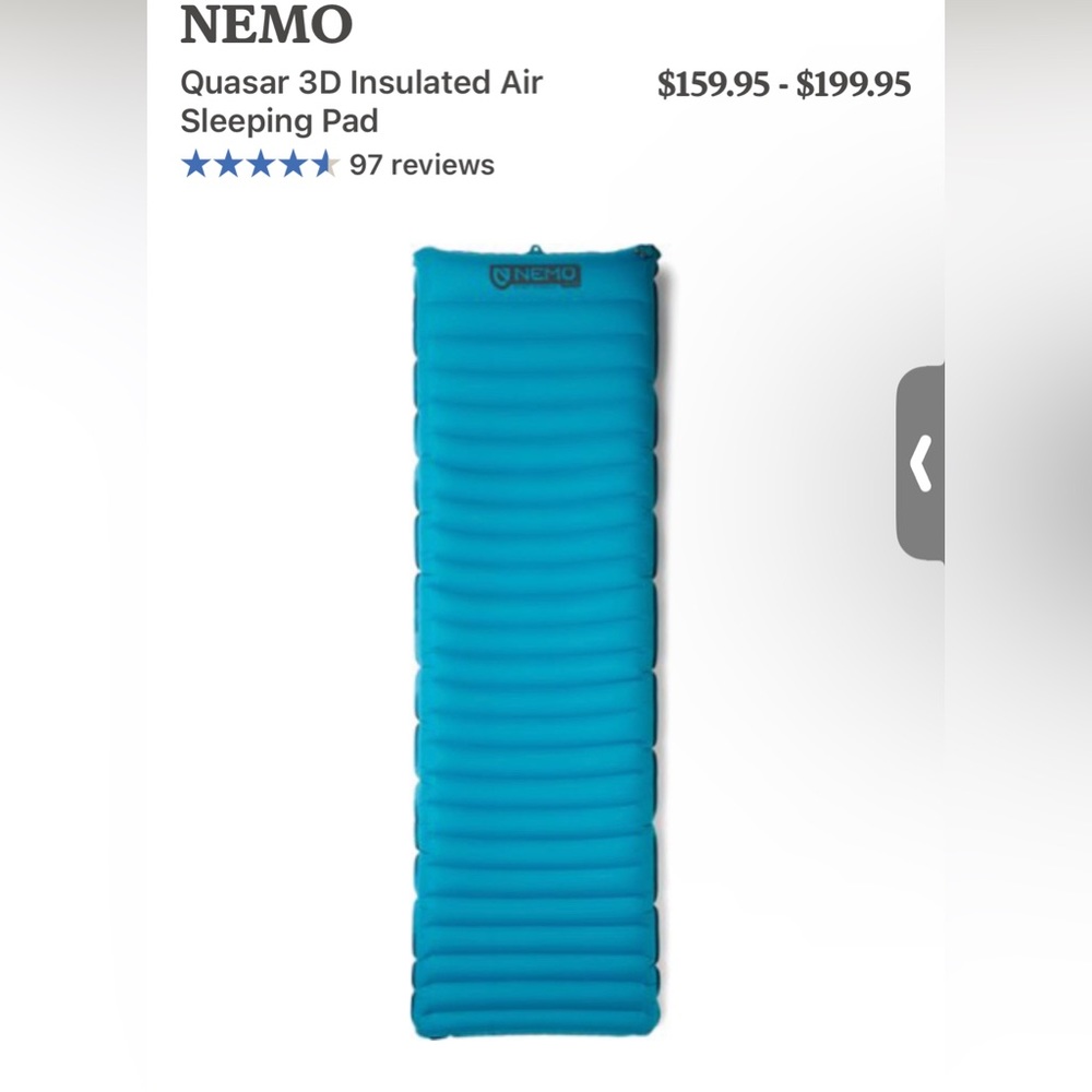 NEMO Quasar 3D insulated Air Sleeping Pad /Size Regular /Purchased direct at REI